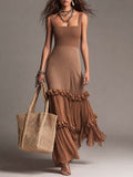 Vintage Boho Ribbed Knit Crinkle Chiffon Tiered Ruffle Maxi Dress