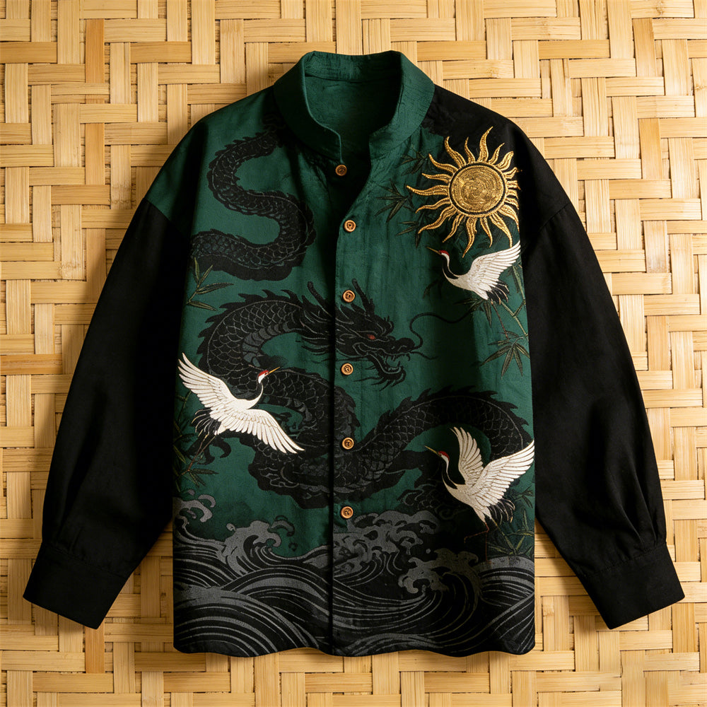 Japanese Marine Animal Art Men's Linen Long Sleeve Shirt