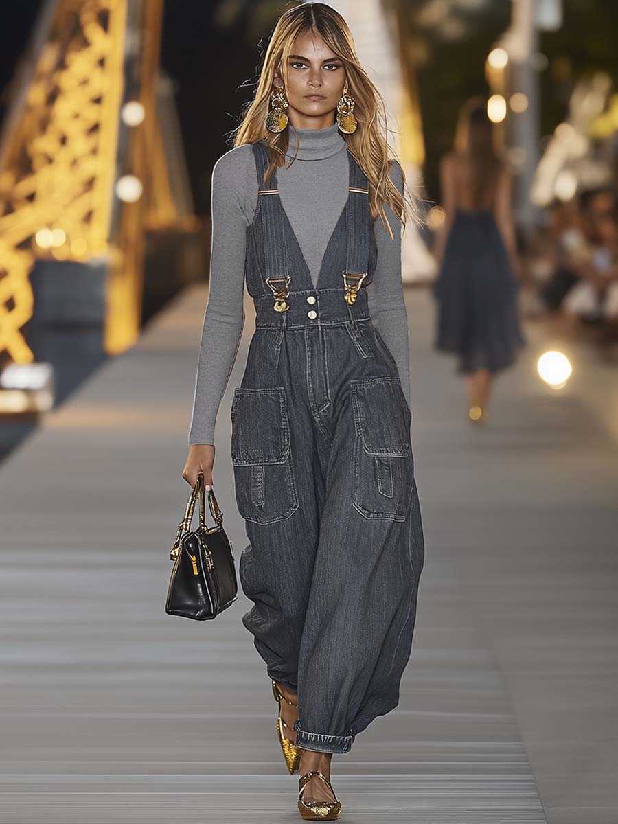 Fashion Personality Loose V-neck Suspender Denim Jumpsuit