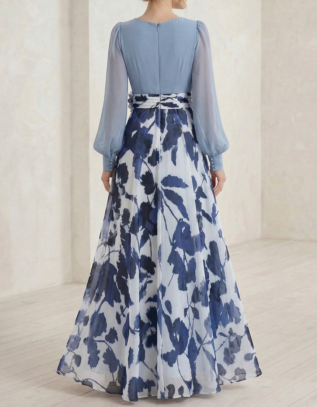 Blue-Grey Chiffon Printed V-Neck Fitted Waist Maxi Dress