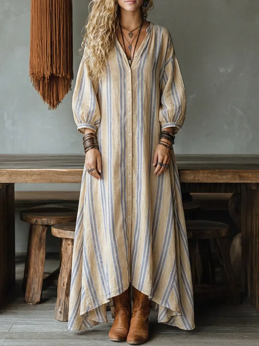 Women's Casual Striped Linen-cotton Dress