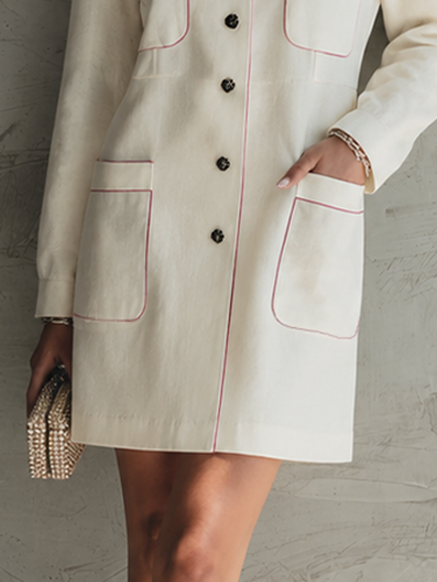 Women's Minimal Commuter Off White Cotton Blend Stand Collar Single Button Contrast Stitch Mini Shirt Dress MDZ1575G5GMJ