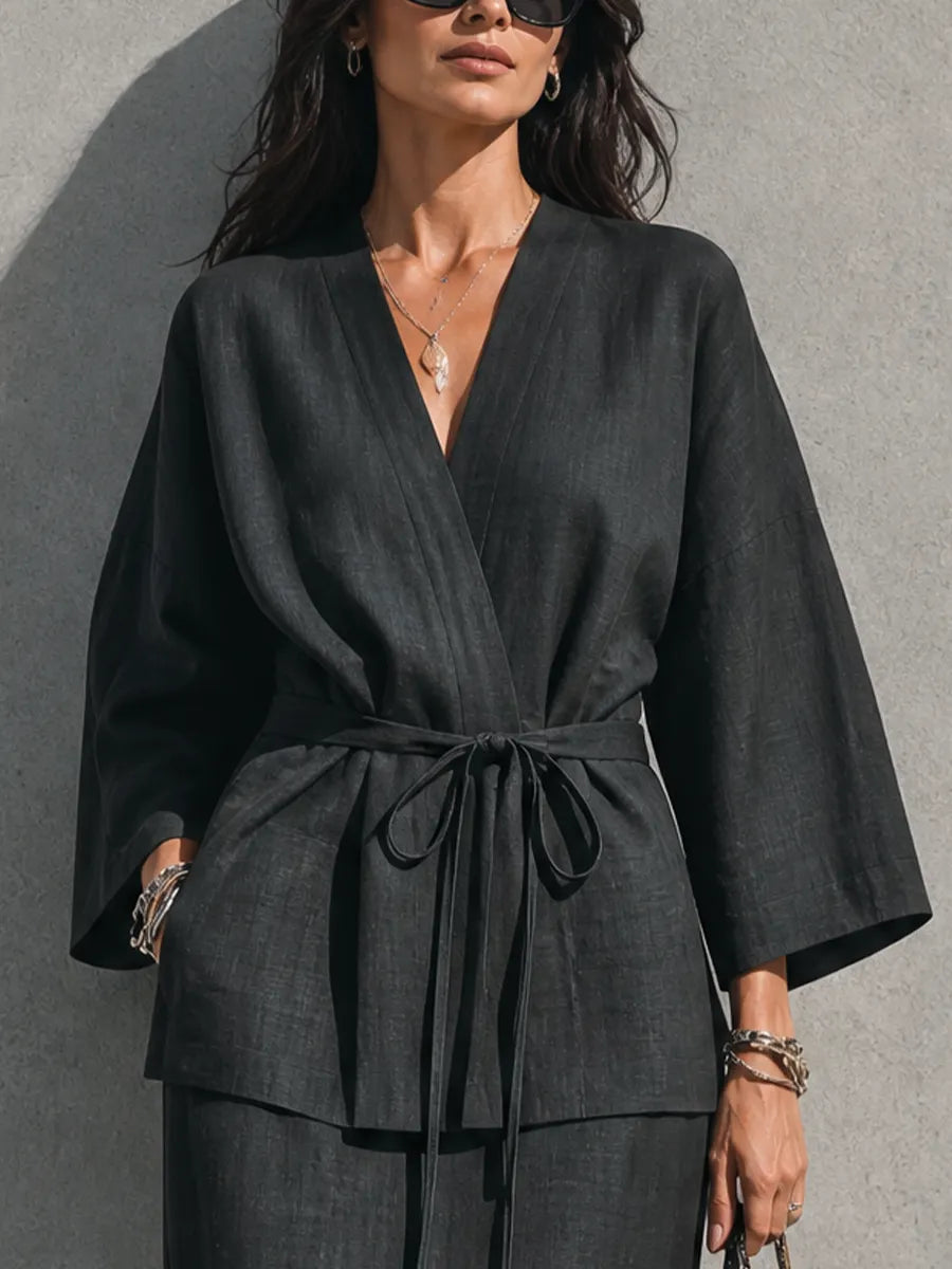 Women's Minimalist Relaxed Style Black Linen Cotton V-Neck 3/4 Sleeve Tie Wrap Top Midi Skirt Set MDZ0733G7GMJ