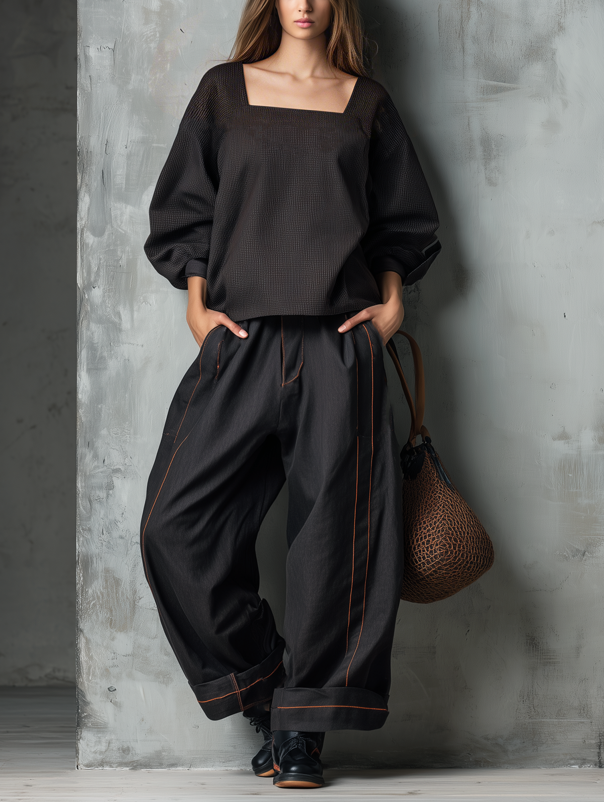 Women's Casual Dark Brown Woven Long-sleeve Top With A Square Neckline, Paired With Black Woven Trousers MDZ2314G9LXY