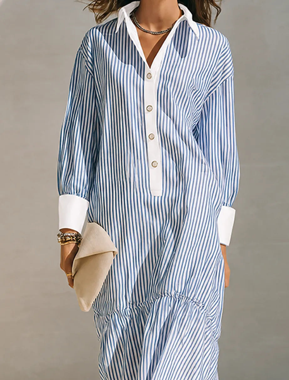 Women's Blue & White Vertical Stripe Cotton-Linen Shirt Dress With Contrast Cuffs MDZ0822G8ZRK
