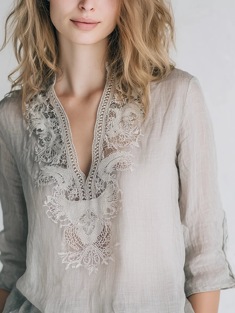 Elegant Light Gray Lace Linen Shirt