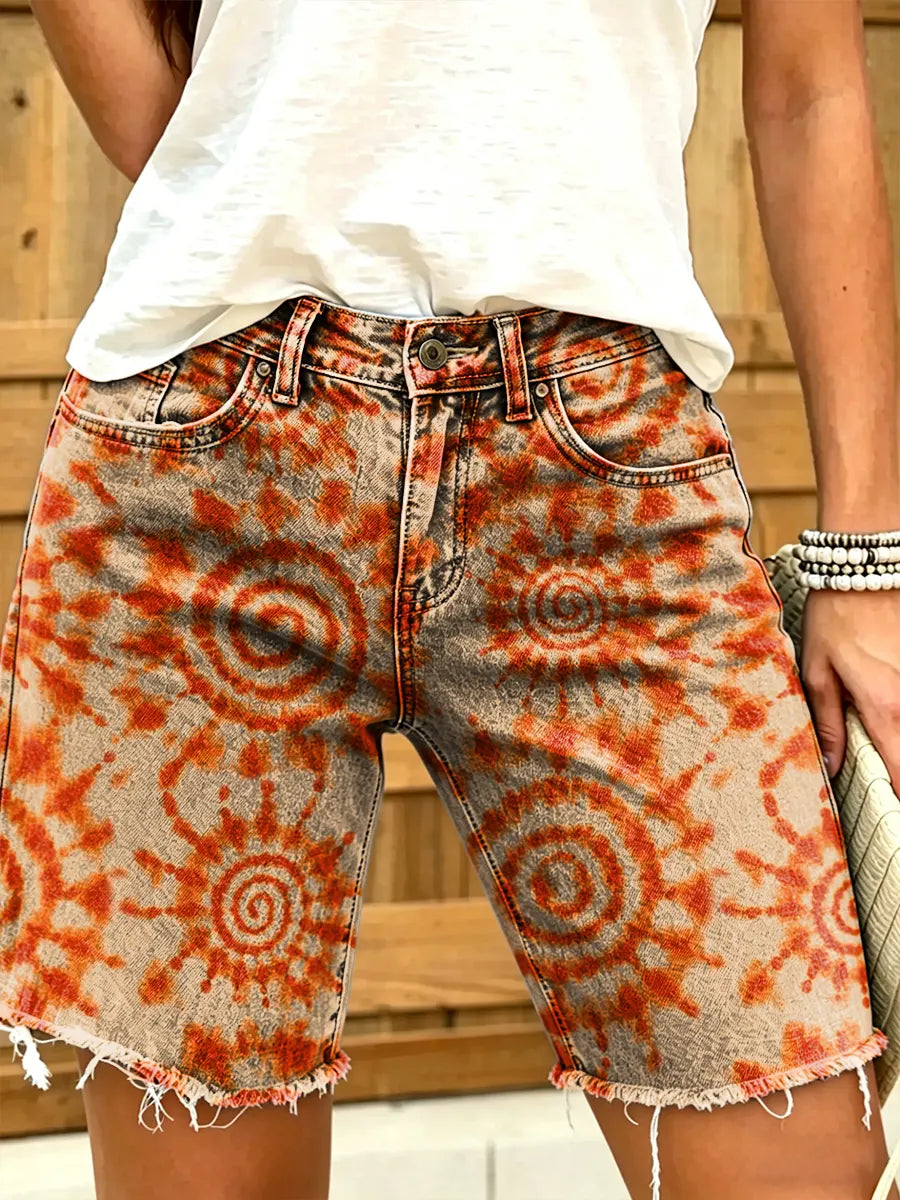 Ethnicity Abstract Sun Tie Dye Women's Art Print Casual Denim Shorts