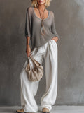 Simple Urban Gray Mesh Knit T-shirt And White Cotton Linen Wide-leg Pants Set