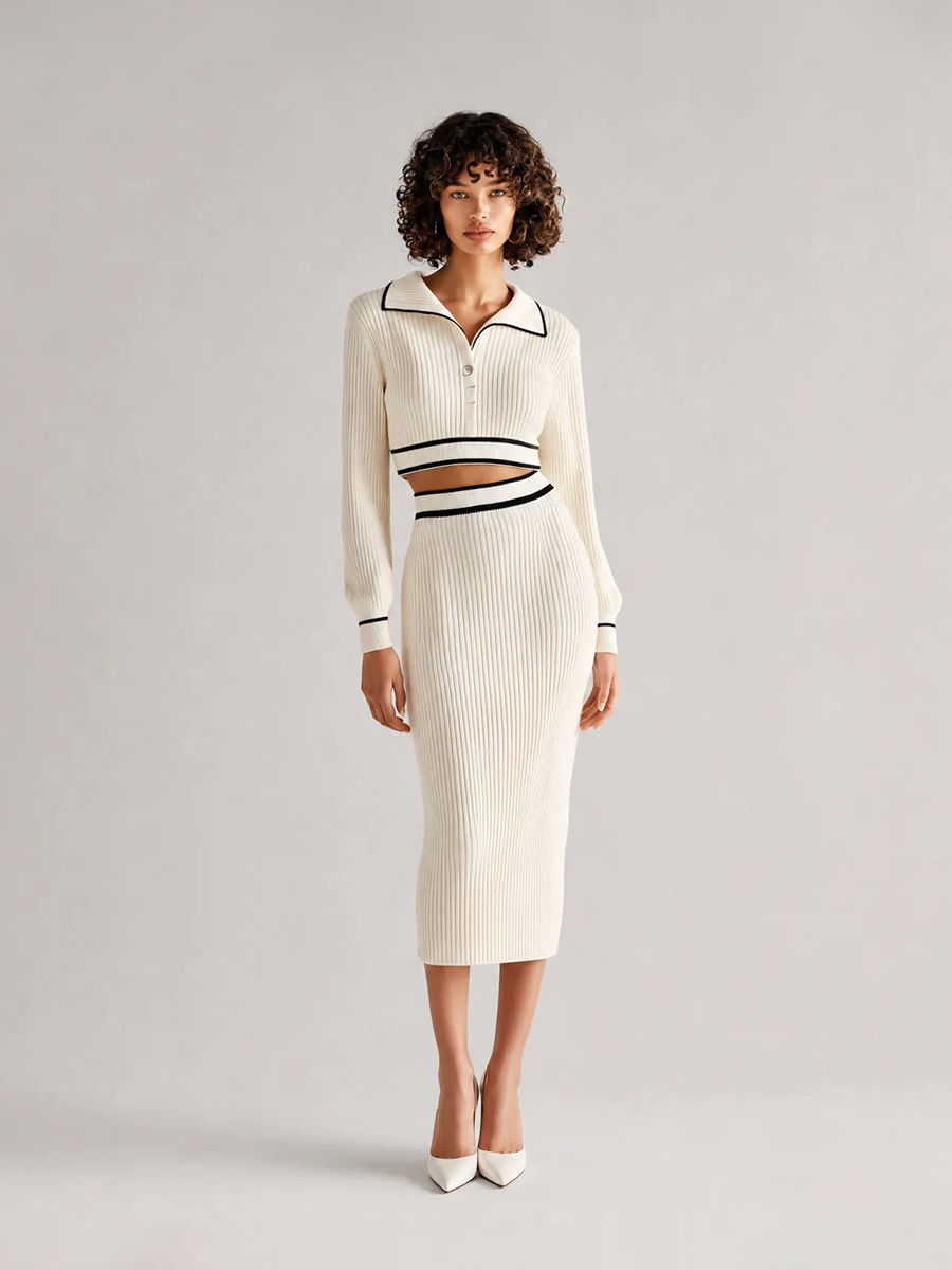 Women's Elegant Off-white Ribbed-Knit Lapel Long-Sleeve Contrast-Trim Cropped Top & High-Waisted Bodycon Midi Skirt Set MDZ2452G5CMX