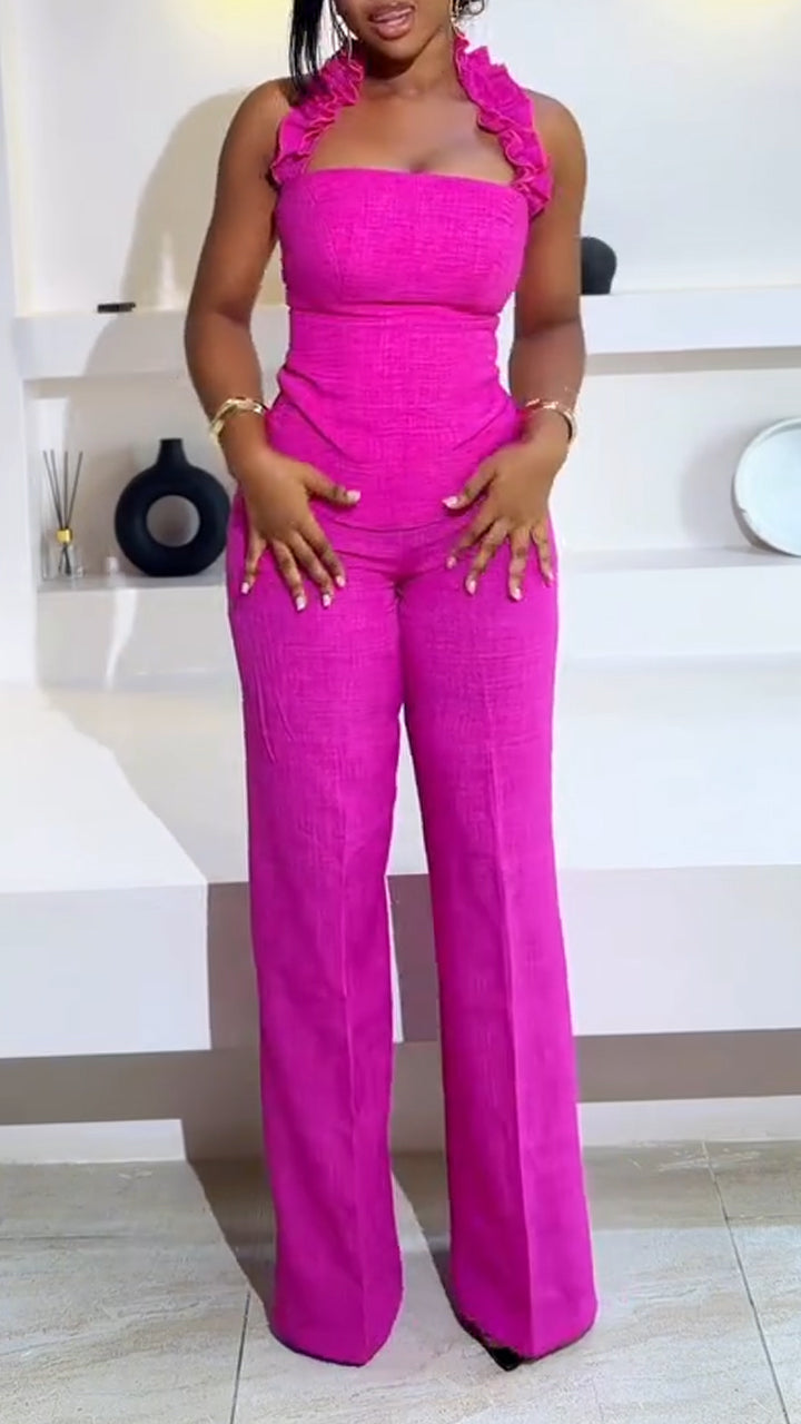 Women Neck Hanging Top + Pants Solid Color Temperament Casual Suit