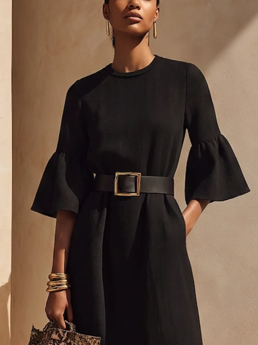 Women’s Black Crew Neck Flare Half Sleeve Raw Frayed Hem Midi Maxi Dress With Side Pockets MDZ0263G4YZJ
