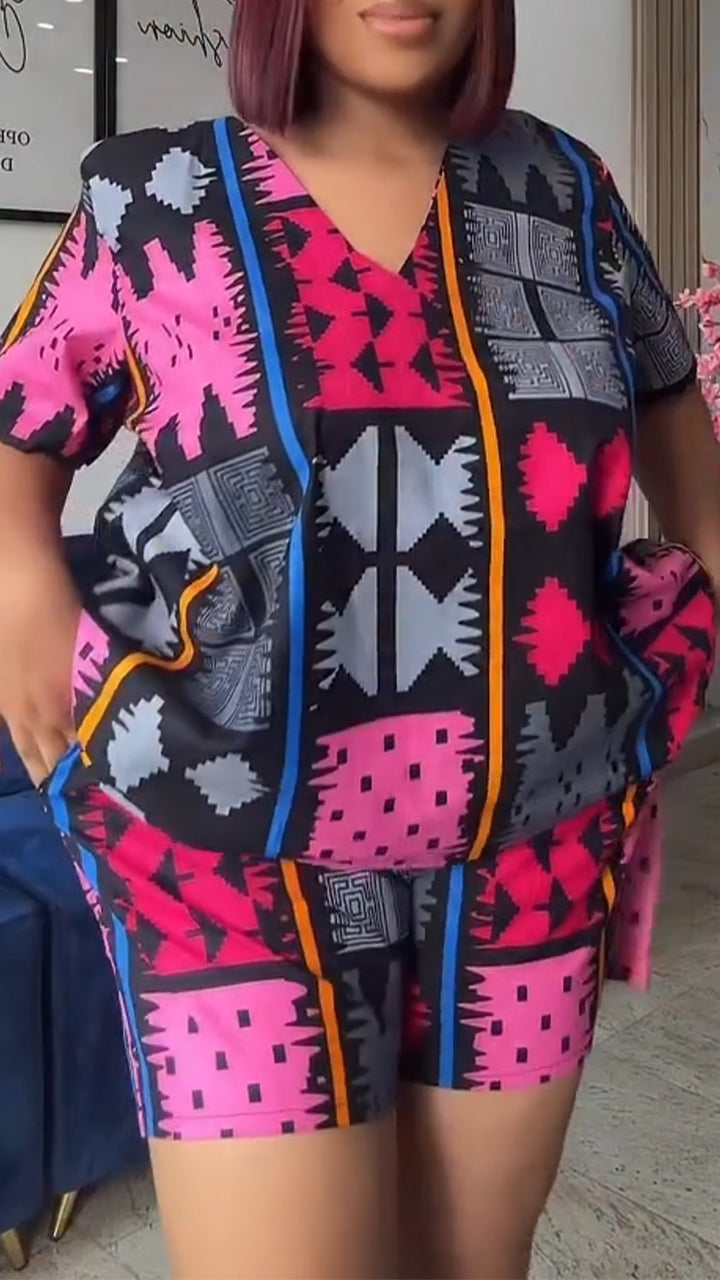 Women V-neck Printed Rest Set