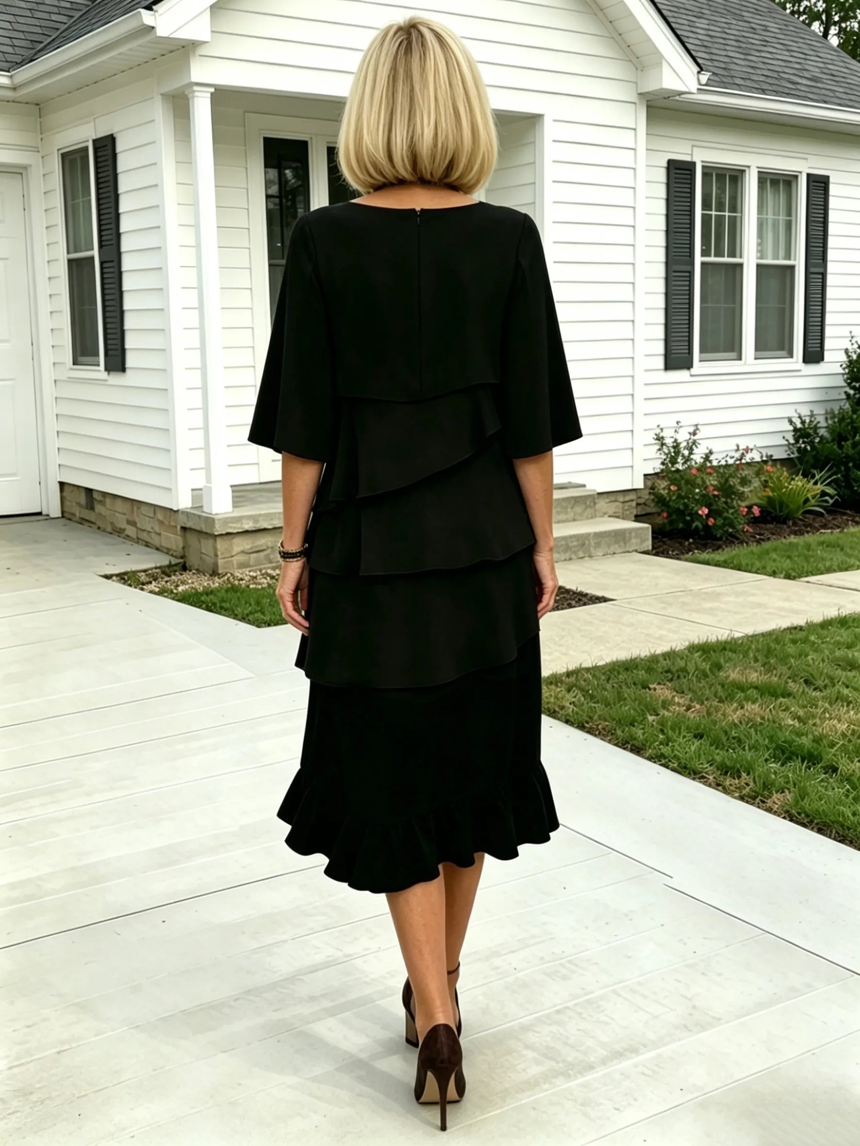 (Length end to the knee)Black Dress Style Fashion Solid Color Round Neck Cake Skirt Splicing Dress Women's Clothing