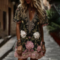 Women's Classic Romantic Pink Rose Embroidery Art Comfy Linen Mini Dress