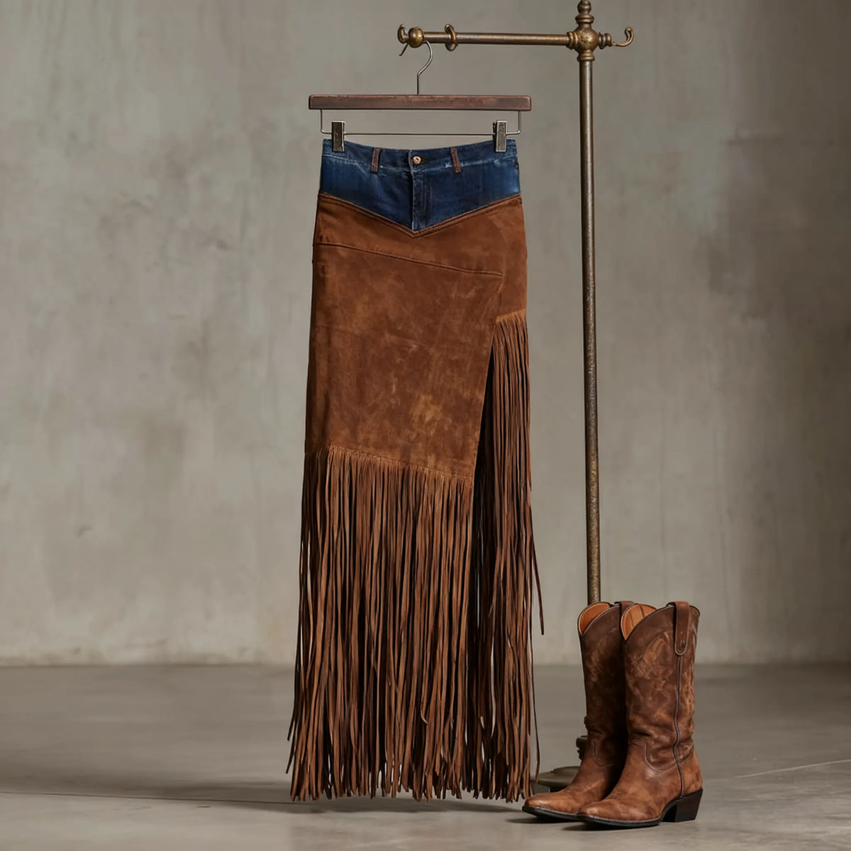 Women's Vintage Boho Chic Fringe Skirt Patchwork Denim Waistband