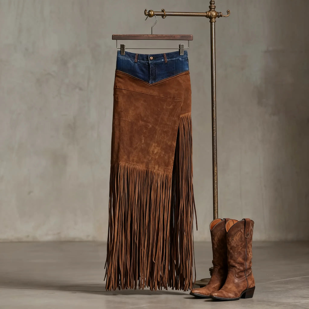 Western Faux Suede Fringe Maxi Skirt with Denim Yoke