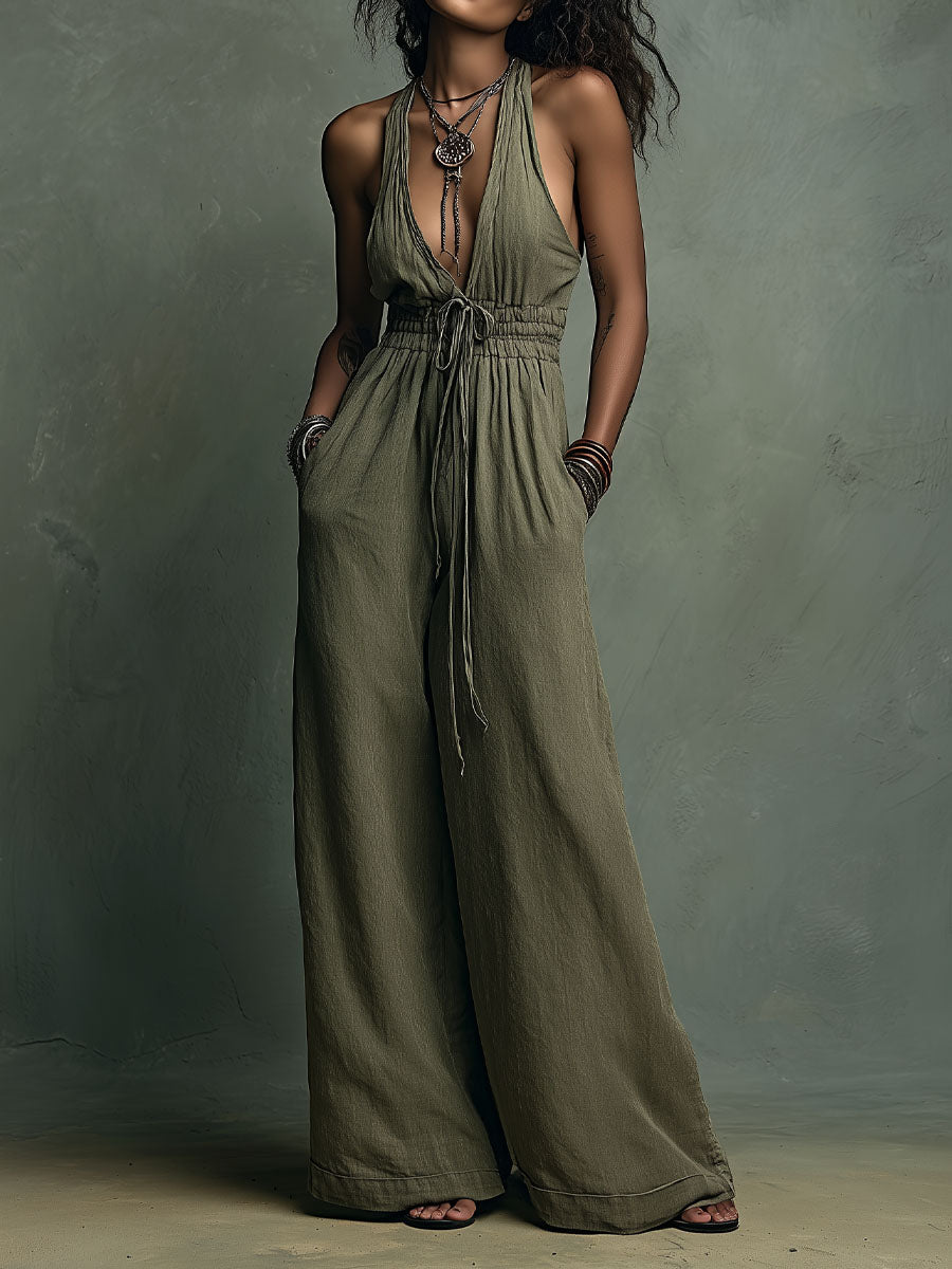 Boho Olive Halterneck Drawstring Linen Jumpsuit