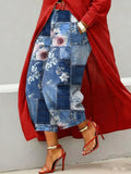 Women's Vintage Splicing Flowers Art Print Casual Jeans