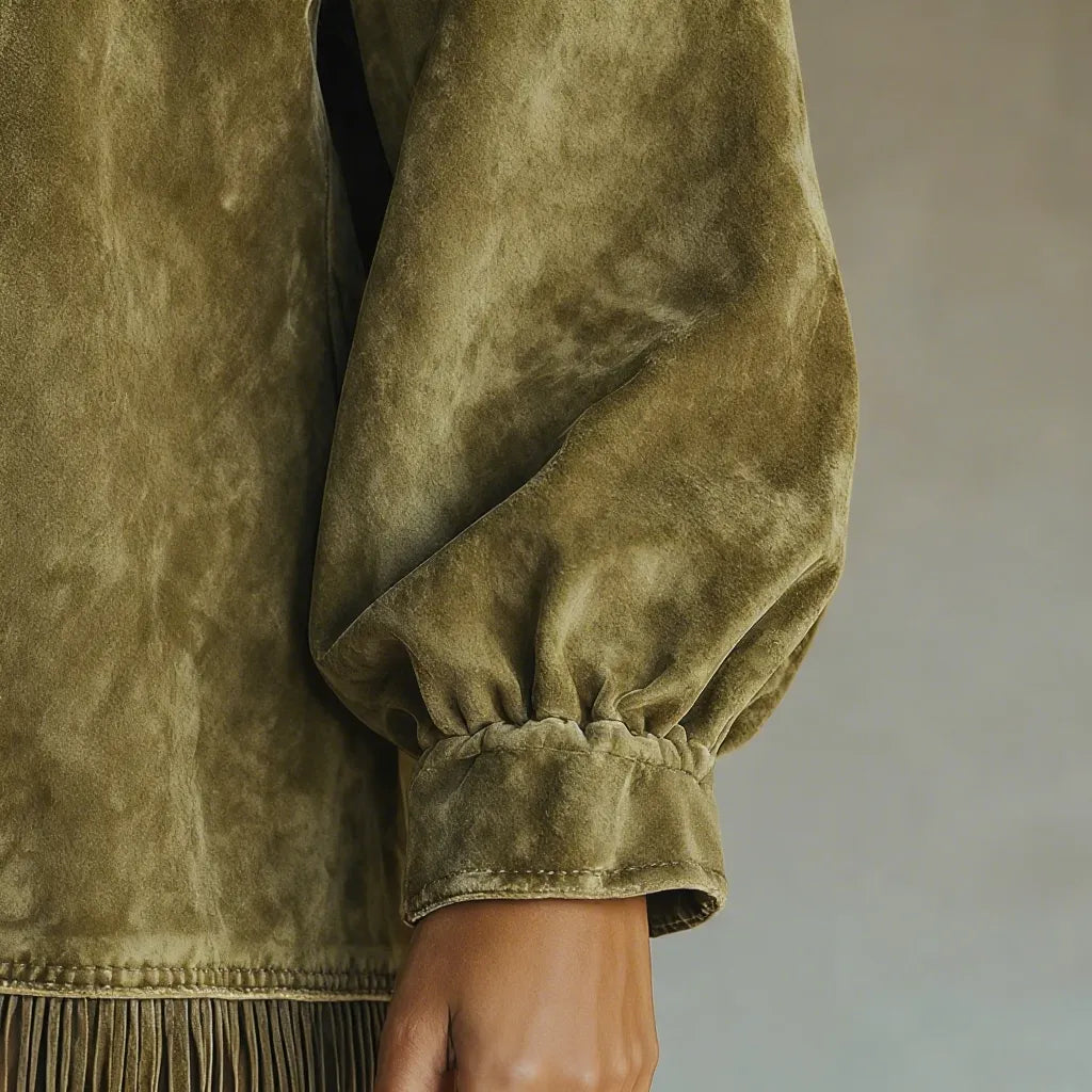 Olive Suede Fringe High-Neck Tunic Dress