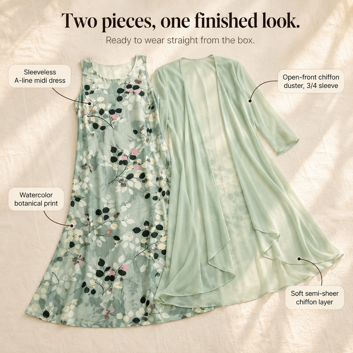 Marisella – Floral Midi Dress with Sheer Cardigan 2-Piece Set