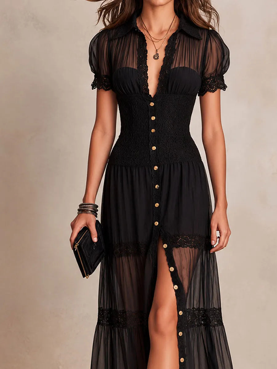 Boho Romantic Black Sheer Lace Trimmed Maxi Dress