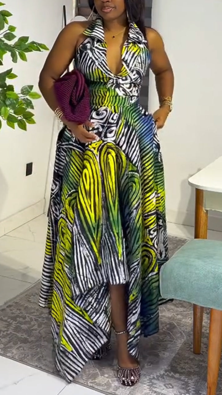 Women Collar Sleeveless Printed Irregular Elegant Temperament Dress