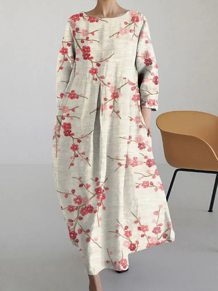 Japanese Plum Blossom Art Long Sleeved Loose Midi Dress