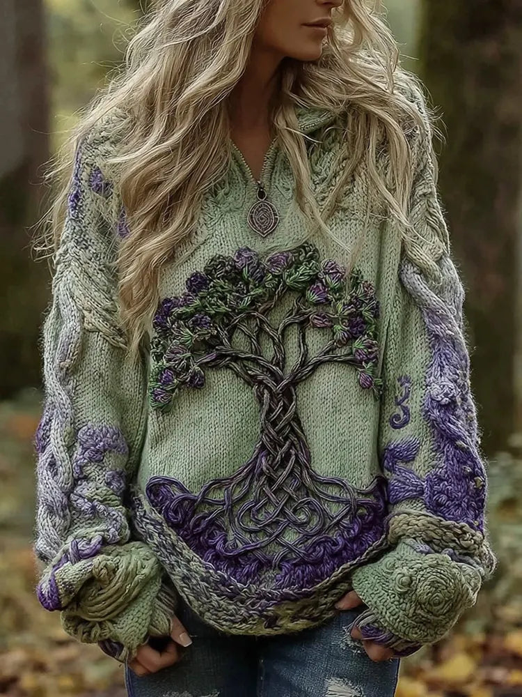 Women's Viking Tree Of Life Celtic Knot Knit Half-zip Sweater
