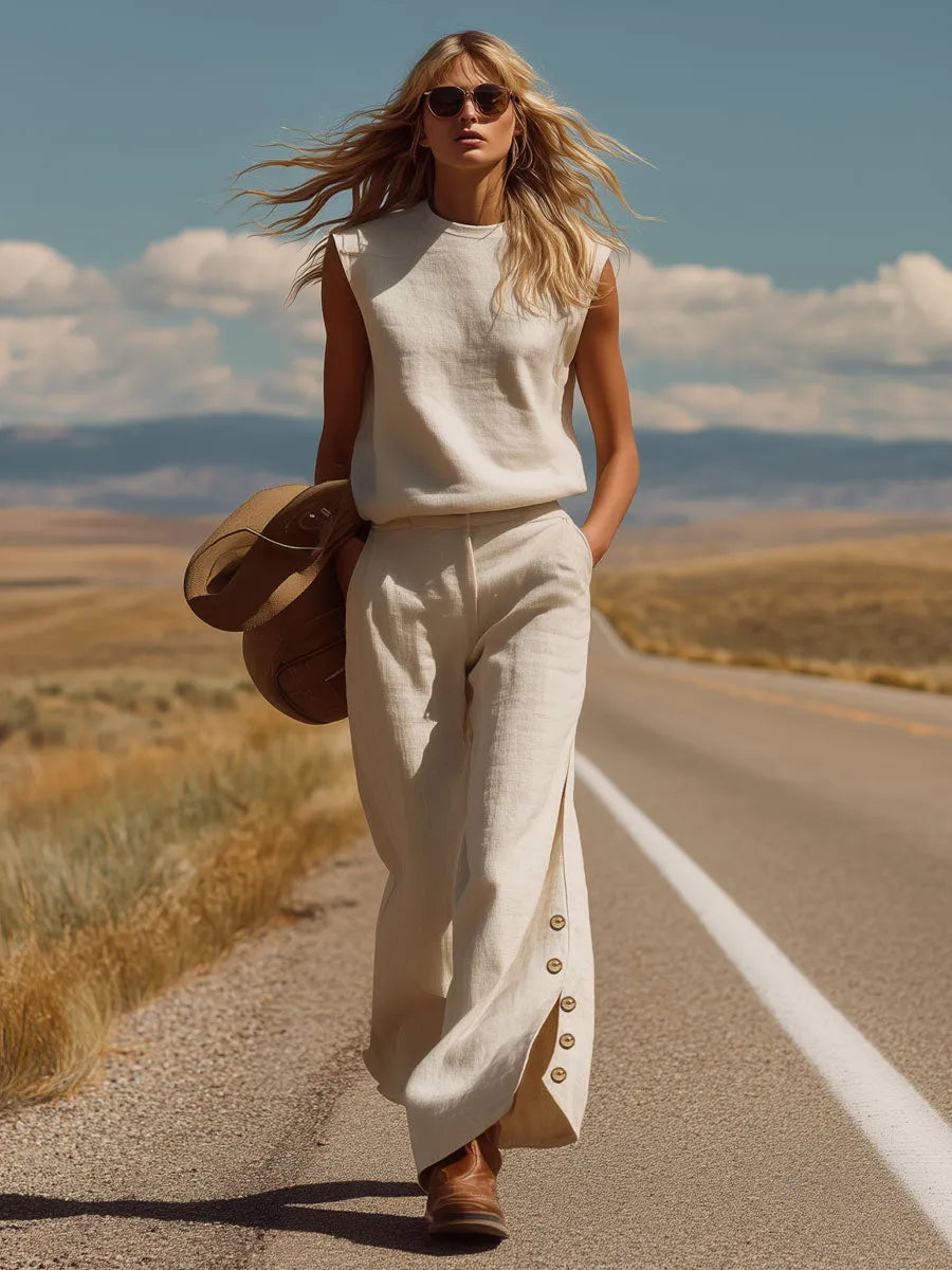 Western Bohemian Retro Apricot Cotton Linen Sleeveless Top And Slit Pants Set