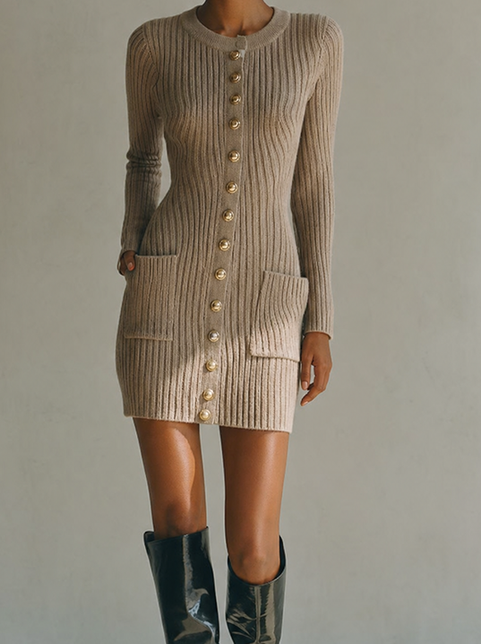 Women's Minimalist Taupe Ribbed Knit Button-Front Long Sleeve Mini Sweater Dress MDZ1675G6ZSQ