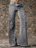 Women's Vintage-style Textured Art Print Washed Pants