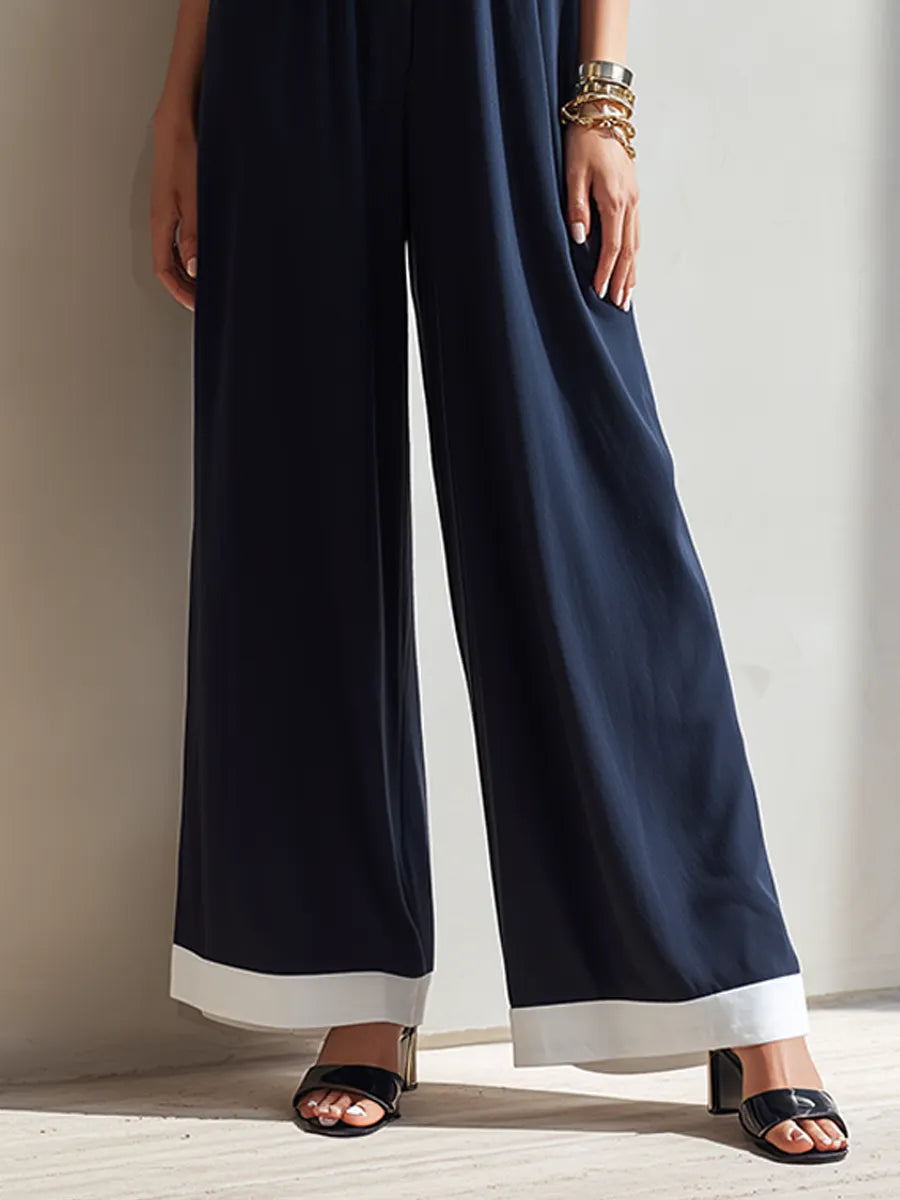 Women's Minimalist Navy & White Color-Block Lapel Short-Sleeve Wide-Leg Jumpsuit With Elastic Waist MDZ0697G5ZRK