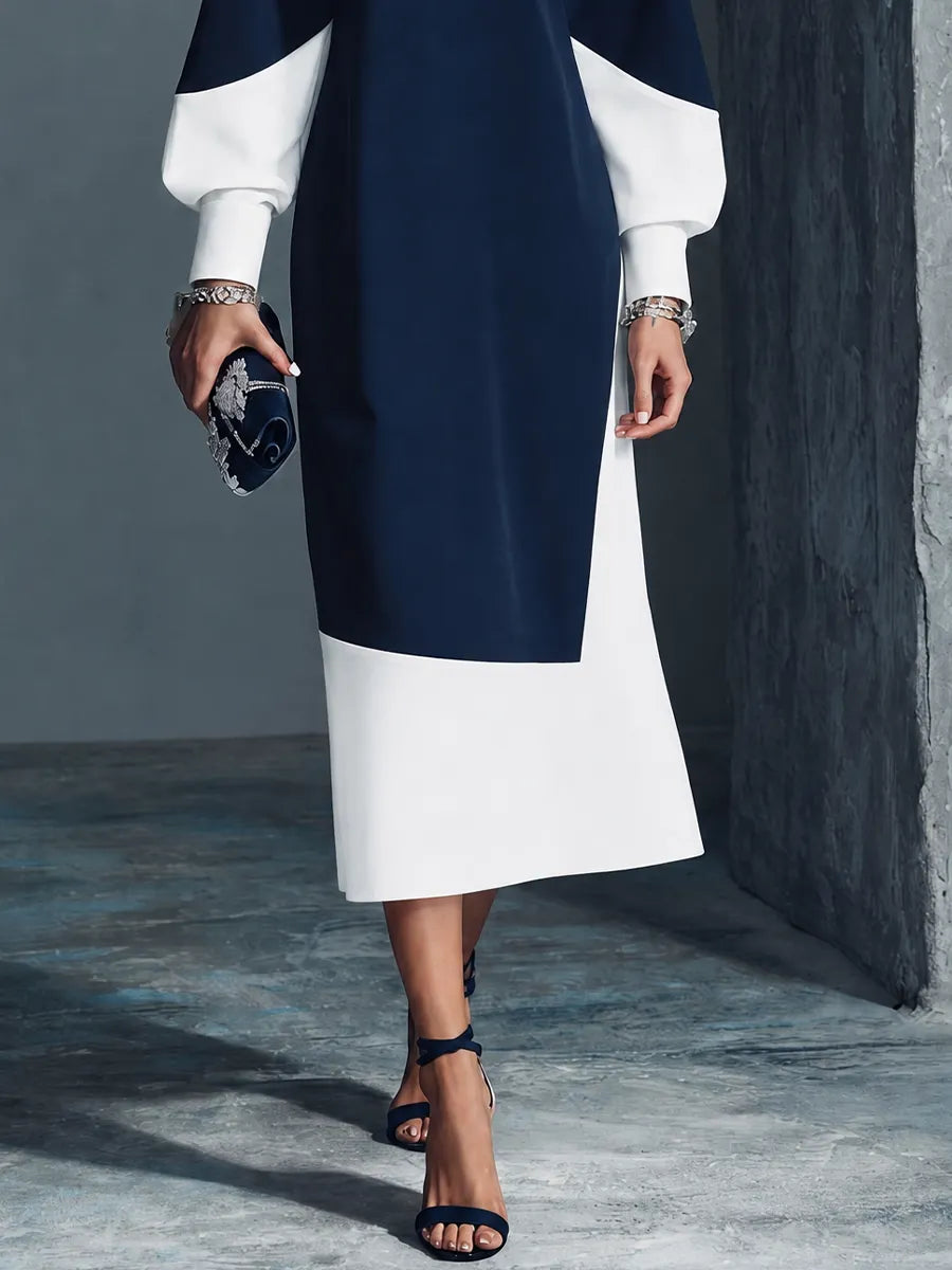 Women's Modern Elegant Navy White Cotton Blend Color-Block Lantern Sleeve Midi Dress MDZ2113G5GMJ