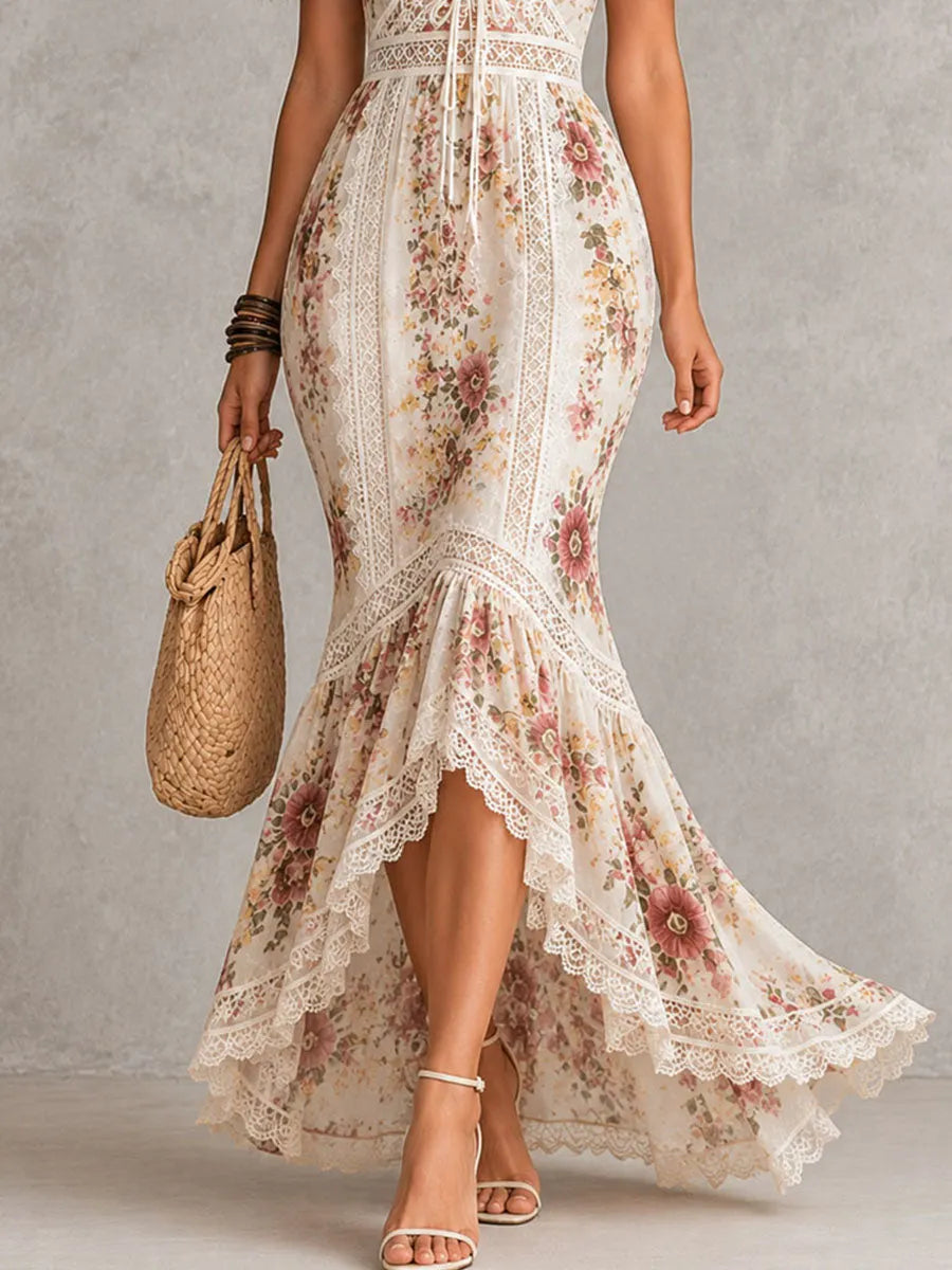 Boho Romantic Floral Print Lace Mermaid Maxi Dress