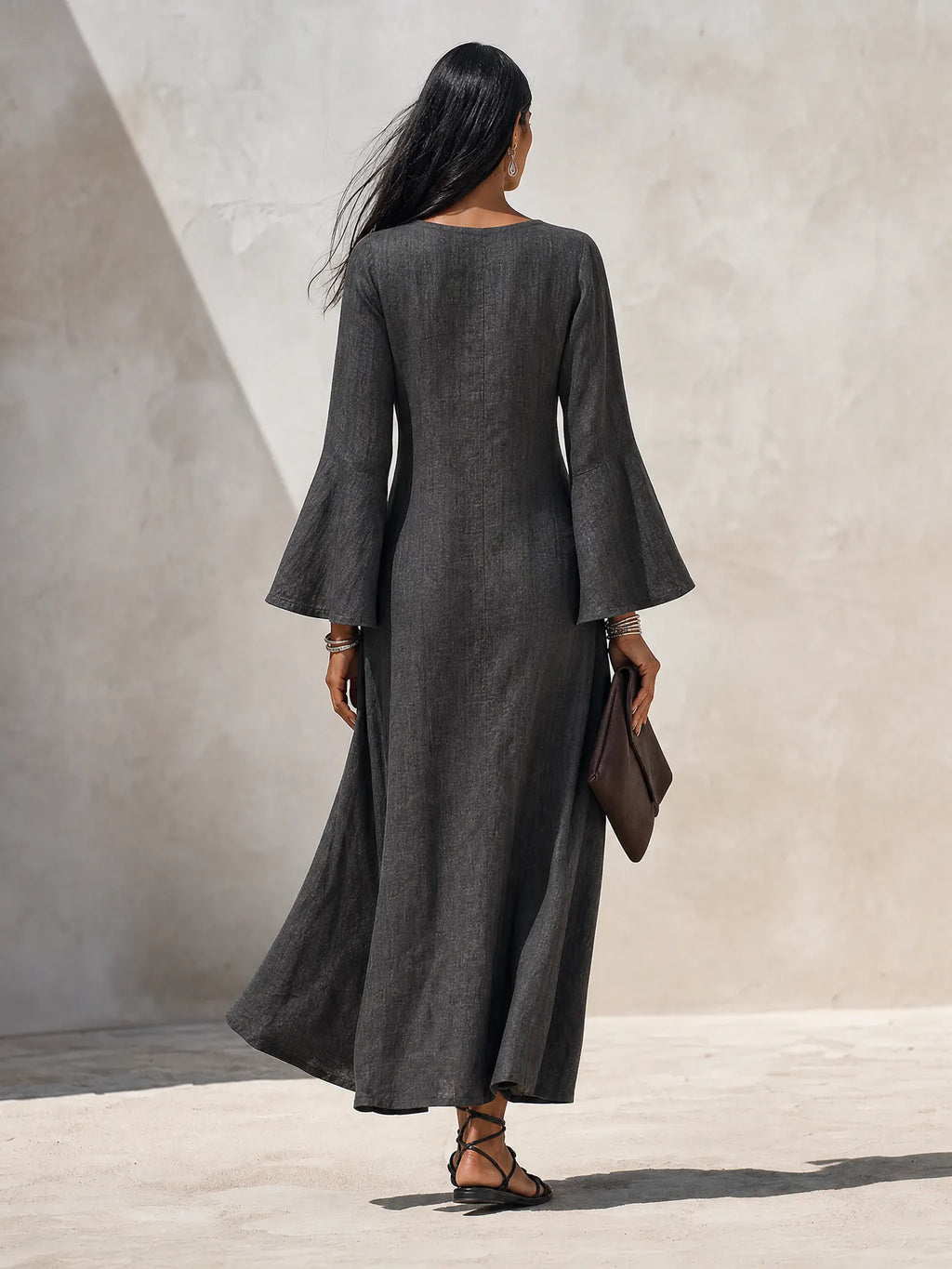 Women's Minimalist Solid‑Dark‑Grey Linen‑Blend Flared‑Sleeve Maxi Dress MDZ1593G8ZRK