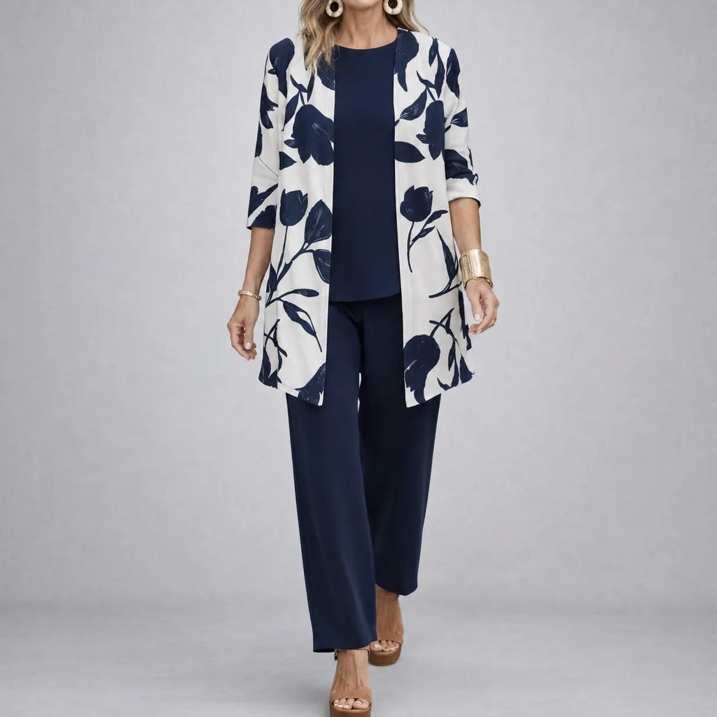 Evania – Women's Navy Botanical 3 Piece Outfit Set with Longline Cardigan