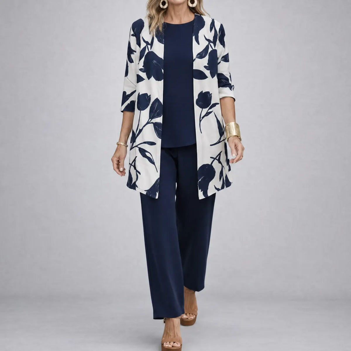 Evania – Women's Navy Botanical 3 Piece Outfit Set with Longline Cardigan