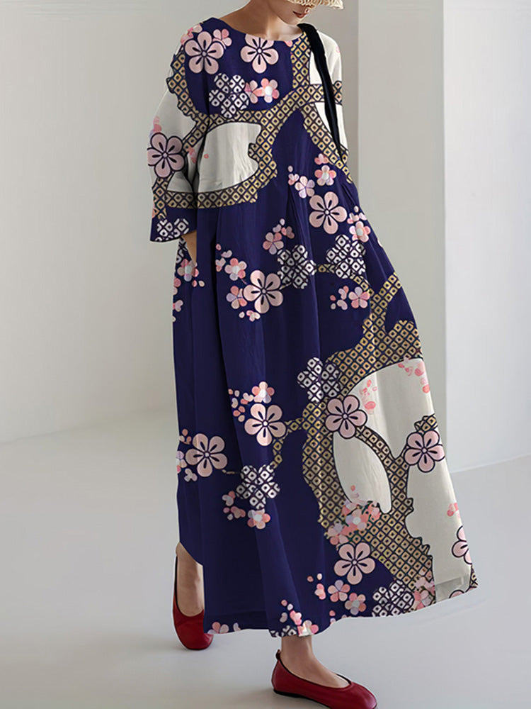 Women's Vintage Japanese Cherry Blossom Print Loose Midi Dress