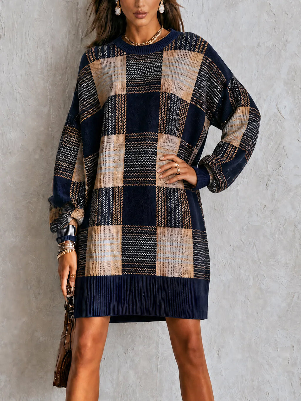 Plaid Oversized Sweater Dress Long Sleeve Crew Neck Knit Mini Dress