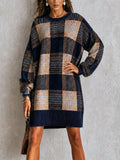 Plaid Oversized Sweater Dress Long Sleeve Crew Neck Knit Mini Dress