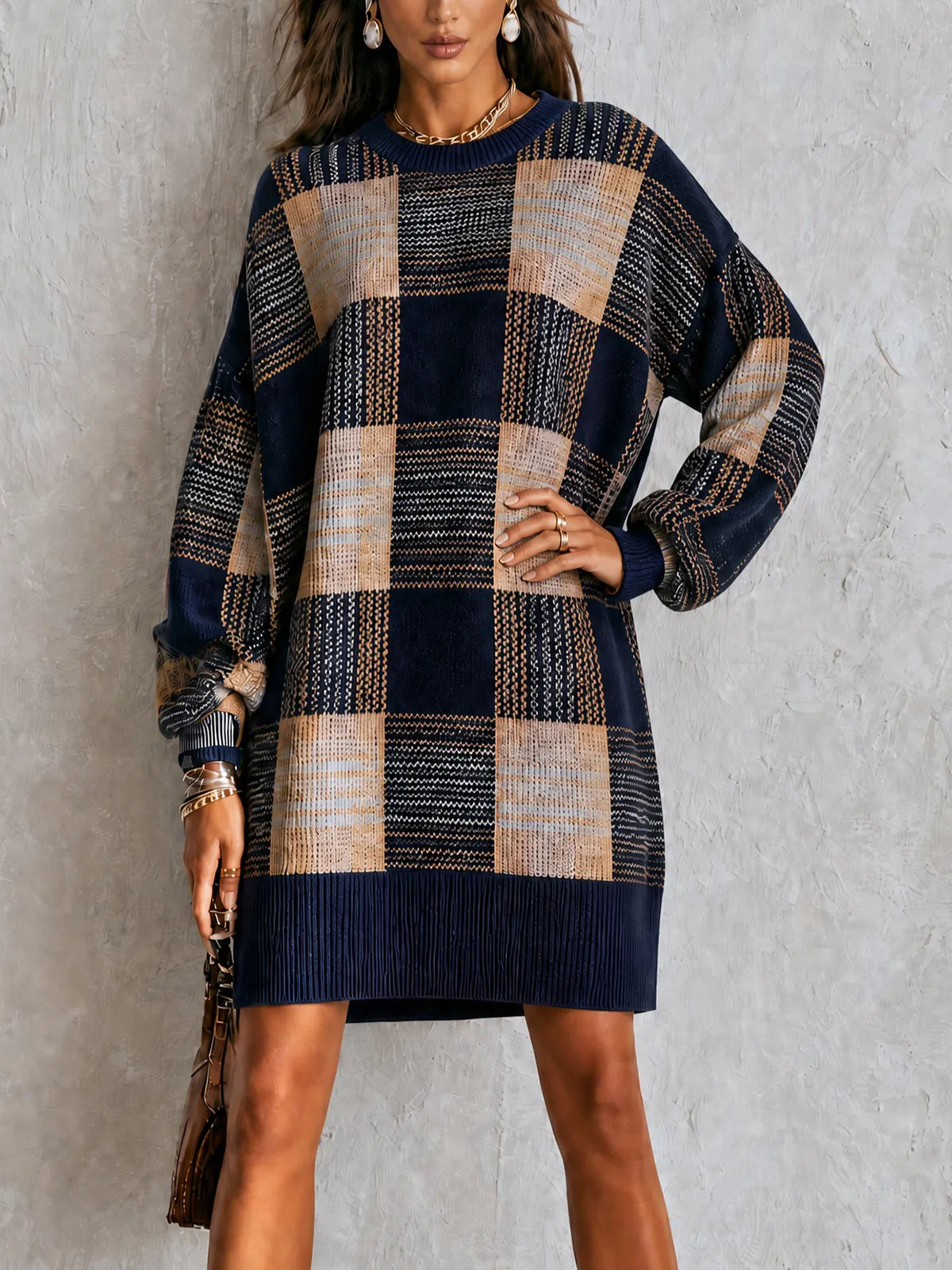 Plaid Oversized Sweater Dress Long Sleeve Crew Neck Knit Mini Dress
