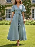 Maxi Linen Dress, Short Sleeves, V Neck, 3D Floral, Vintage, Blue