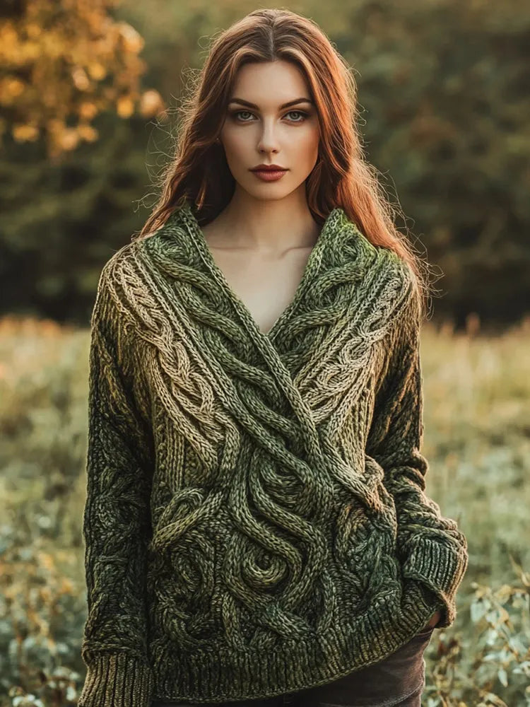 Women's Vintage Celtic Intricate Knot Jacquard V Neck Sweater