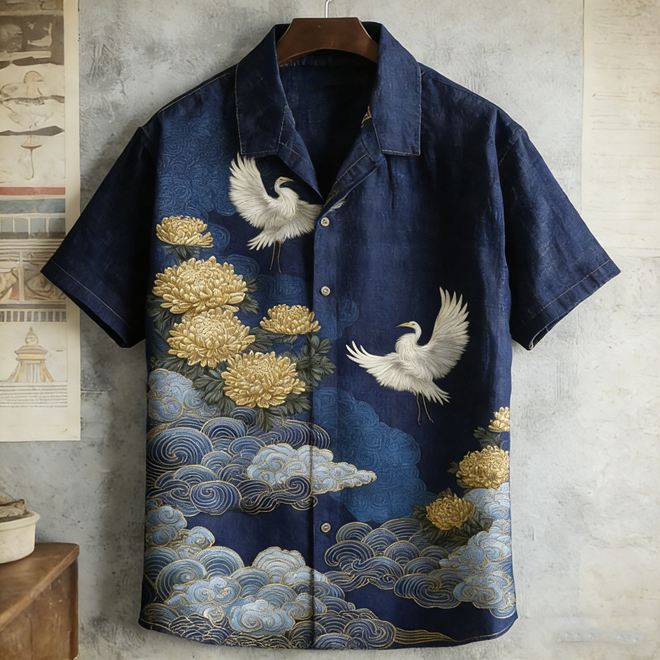 Japanese Art Retro Plant Flower And Crane Pattern Men's Short Sleeve Shirt