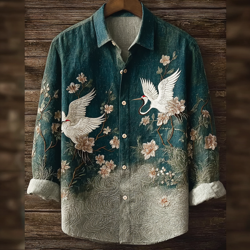 Japanese Art Retro Style Plant Flower And Crane Pattern Men's Cotton And Linen Shirt
