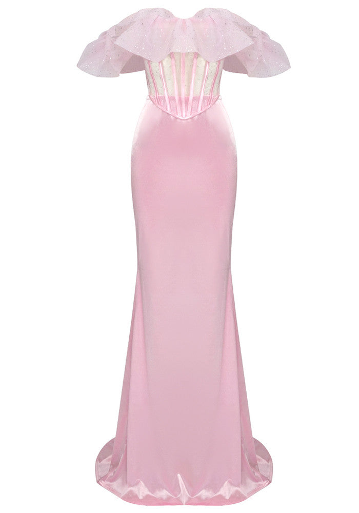 Ruffle Bardot Corset Two Piece Maxi Dress Pink