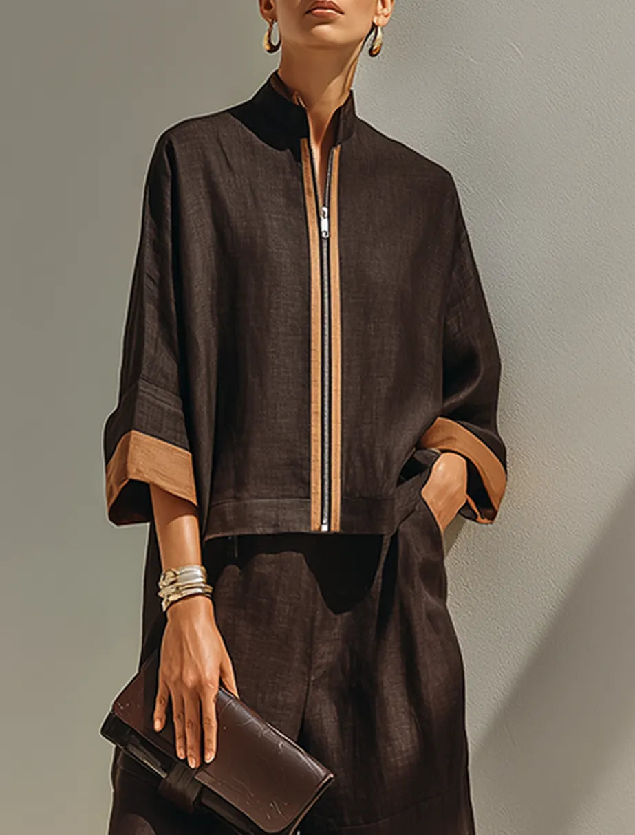 Women's Dark‑Brown Linen Fabric Stand‑Collared Zip‑Up Crop Top & Wide‑Leg Pants Set MDZ1459G3ZRK