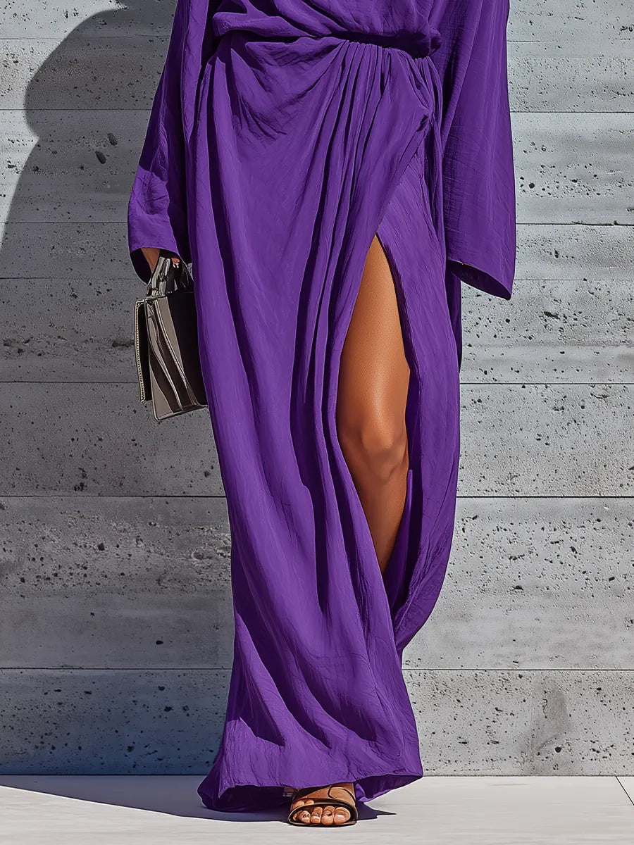 Women’s Elegant Deep Purple Cotton Blend Asym Cold Shoulder Batwing Sleeve Ruched Waist Wrap Over Split Maxi Party Dress MDZ0645G9YZJ