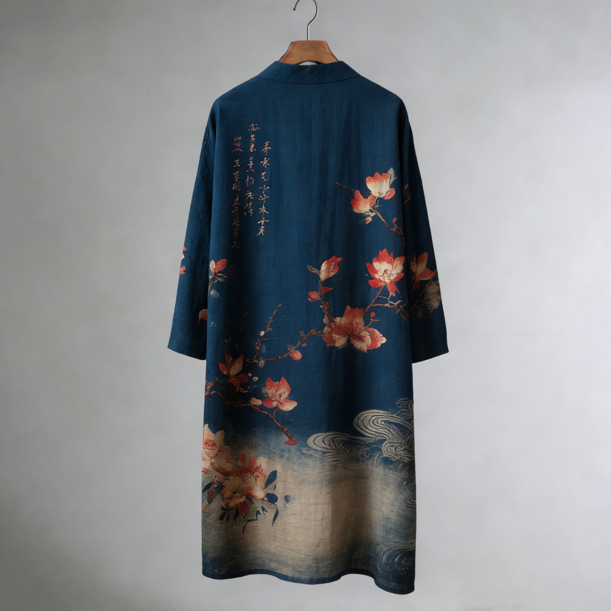Japanese Floral And Calligraphy Pattern Linen Blend Long Kimono