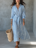 Relaxed Sky Blue Striped Shirt Maxi Dress